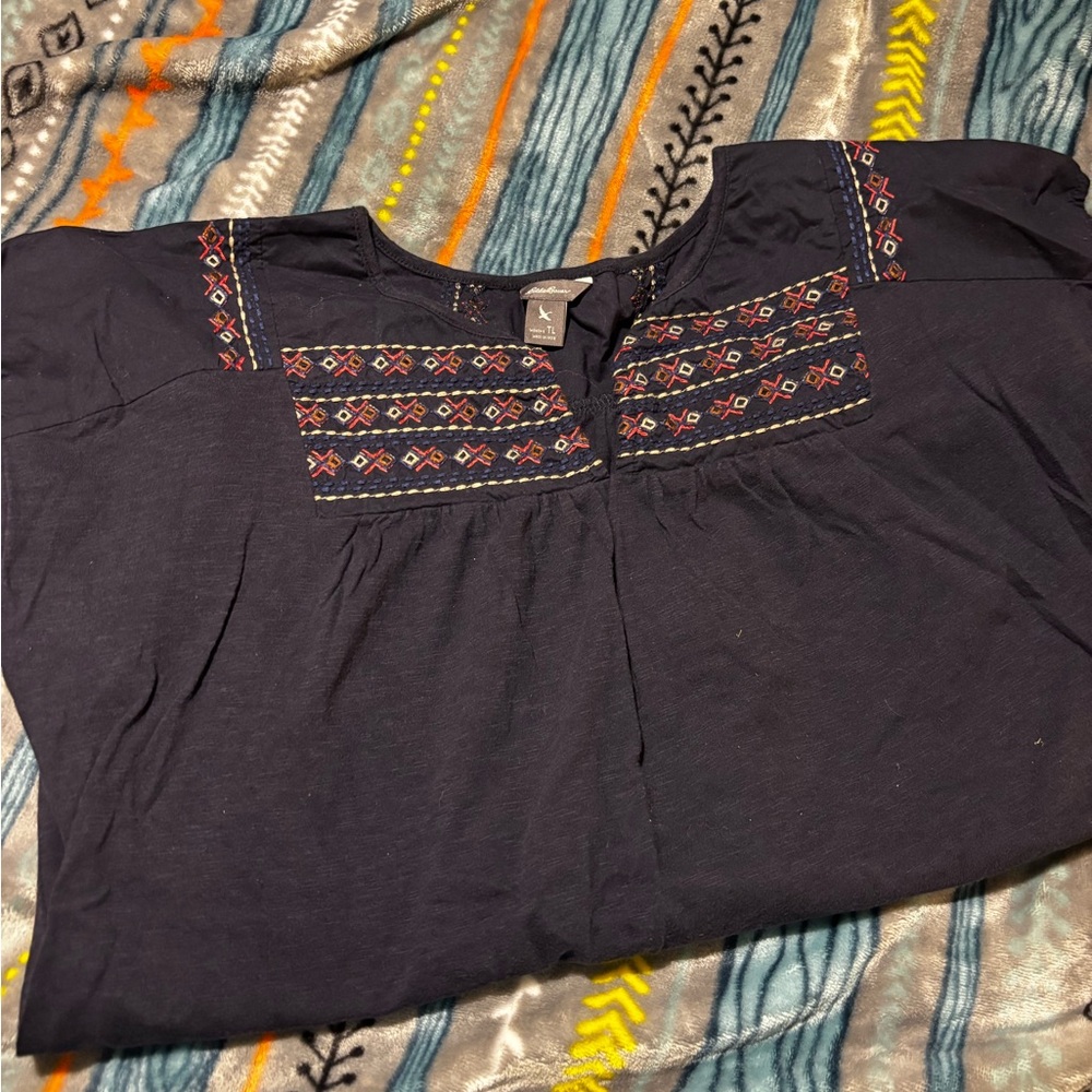 Eddie Bauer Navy Blue Embroidered Blouse
